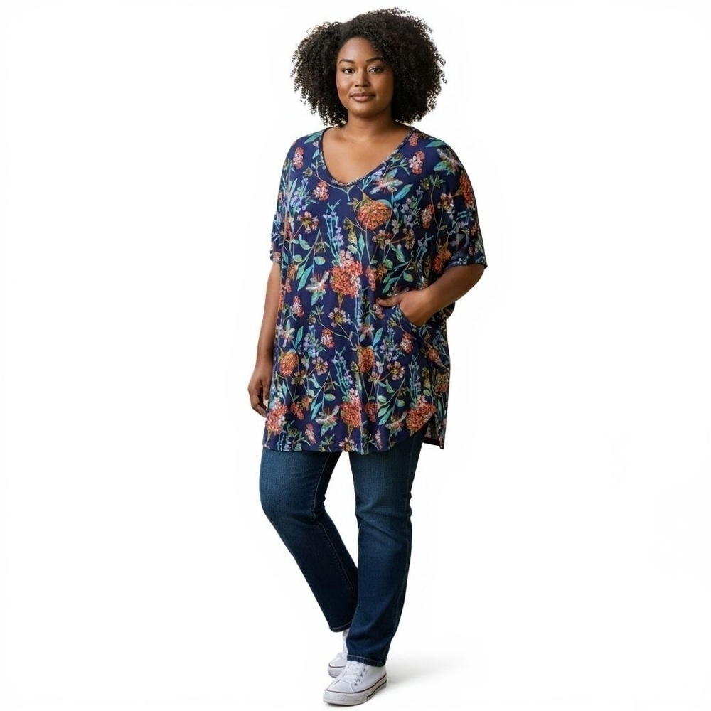 Ulla Popken Womens Tunic Top Plus 36/38 Navy Blue Floral Short Sleeve Pockets